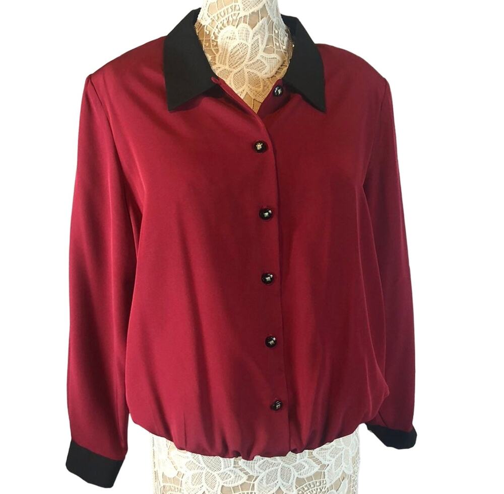 Vintage 80's Lauren Lee woman red & black pull over mock blouse size large